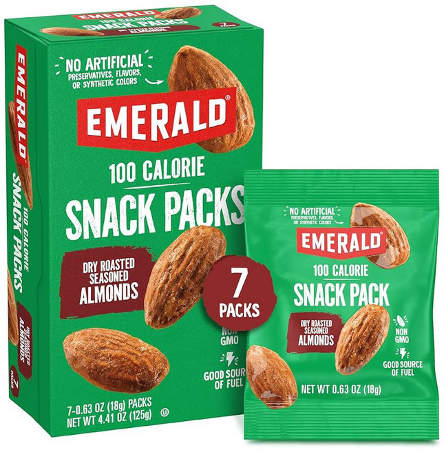 에메랄드 넛 드라이 로스팅 아몬드 7ct (1팩) | 100칼로리 개별 스낵 팩 식물성 단백질 코셔 인증 비 변형 인공 방부제 향료 또는 합성 색소 포함 없음, Dry Roasted Almonds, 7 Count (Pack of 1), 18g