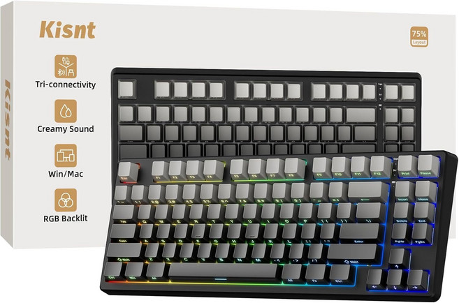 Kisnt KN85 무선 기계식 게이밍 키보드 RGB 백라이트 75% 레이아웃 핫 스왑 방식 부드러운 키감 Bluetooth/2.4GHz/USB-C 지원 (Windows/Mac/P, Gradient Gray, 그라데이션 그레이