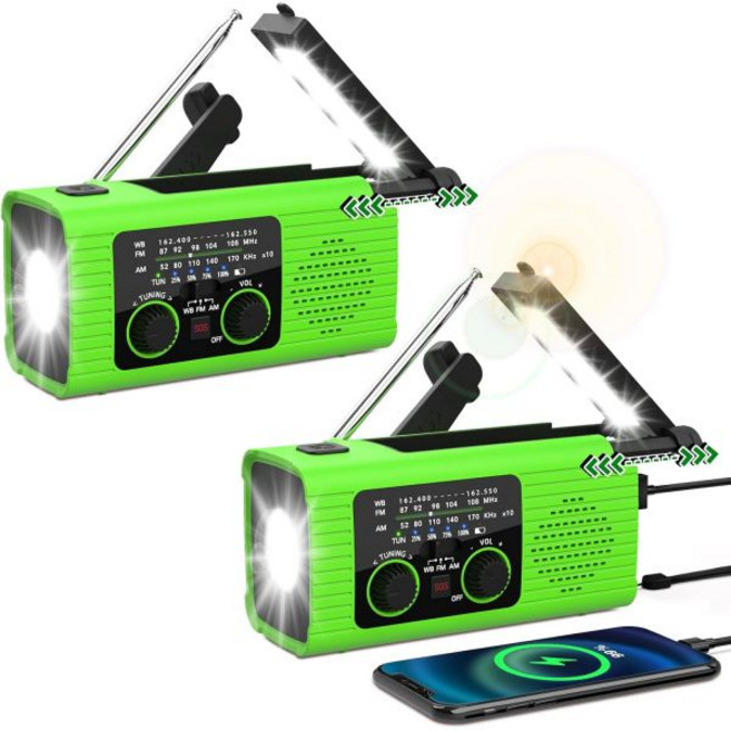 비상 기상 라디오 4000mAh NOAA 경보 태양광 충전 핸드 크랭크 및 USB LED 손전등이 있는 AM/FM 독서등 SOS 알람 실외 실내용 헤드폰 잭, Green, 4000mAh-2PK