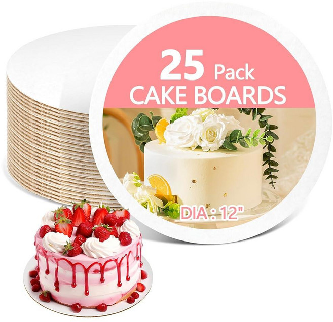 WAWINY 케이크 보드 원형 30.5cm(12인치) 2mm 카드 드럼 플레이트 베이스 식품 등급 및 오일 방지 디스플레이 베이킹 파티 생일 웨딩 피자용 50개 39154, 25