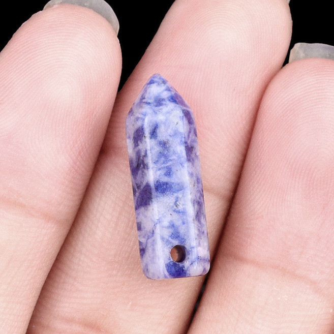 KS-天然水晶瑪瑙石頭子彈頭橫孔迷你六角柱 DIY手工飾品, 6x21mm藍點（橫孔單顆）, 1個