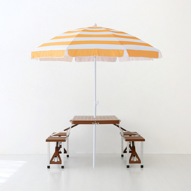 마켓비 로밀 파라솔 + 캠폴 야외 의자일체형 접이식테이블 4인세트, 화이트 옐로우 혼합 (파라솔), 브라운(테이블)