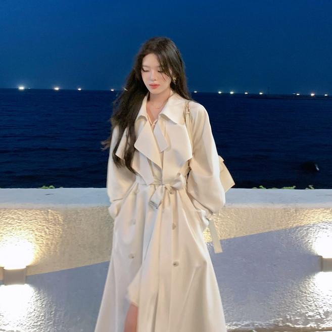 여성 롱 트렌치코트 봄가을용 긴 트렌치코트 봄가을 오피스 룩 우아한 스타일 JS