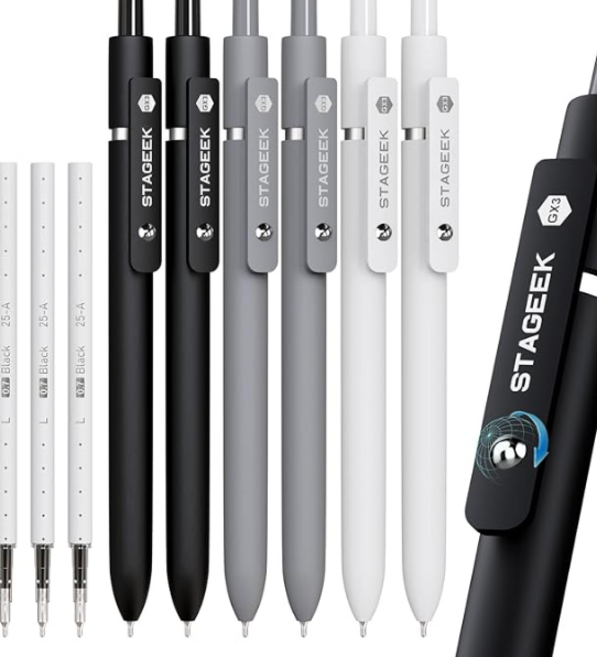 STAGEEK 블랙 젤 펜 파인 포인트 스무스 필기 펜 12개 추가 리필 3개 저널링 사무실 메모 작성 학용품 간호사 미학용 빠른 건조 블랙 잉크 펜 (블랙), Black Gray White