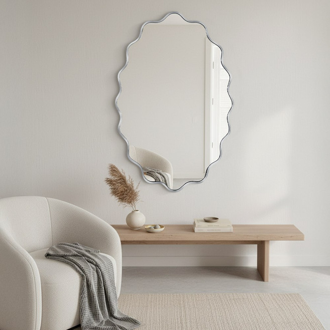 Fahomiss 타원형 벽걸이 거울 안깨지는 안전거울 예쁜 인테리어 벽거울 욕실 거울, 실버