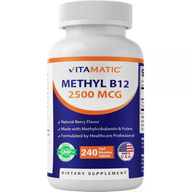 Vitamatic 메틸 B12 엽산 함유 2500mcg - 천연 베리 맛 - 빠른 용해 태블릿 240정 - 에너지 및 신경계 지원을 위한 메틸코발라민 비타민 B12 - 비건 및, 1개 - 쿠팡