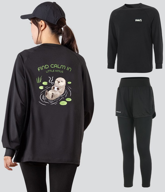 여자 루즈핏 긴팔 래쉬가드 상의 + 반바지 레깅스 하의 팬츠 세트 비치웨어 체형커버 자외선차단 휴양지 바캉스룩