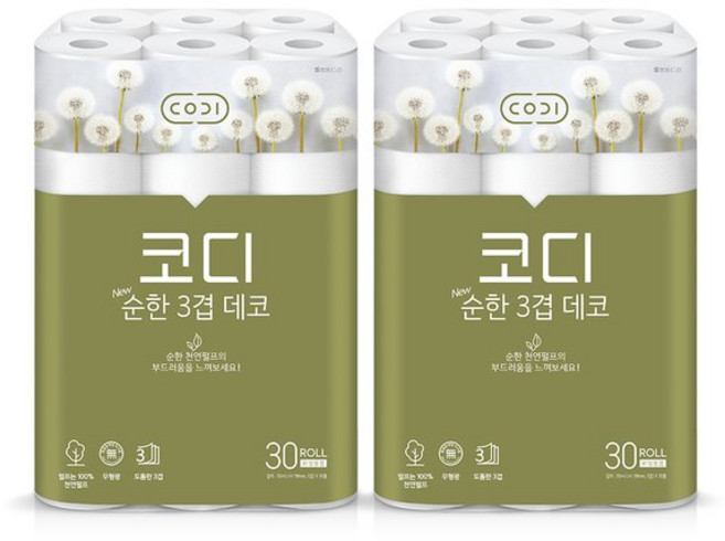 코디 [코디][1+1]코디 순한 3겹 데코 30m30롤 (천연펄프 ) 프리미엄 두루마리 휴지