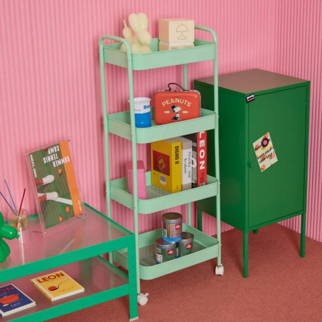 비아베네또 이동식 트롤리 틈새 선반 수납 철제 바퀴 미니 트롤리 3단, 그린티, 4단