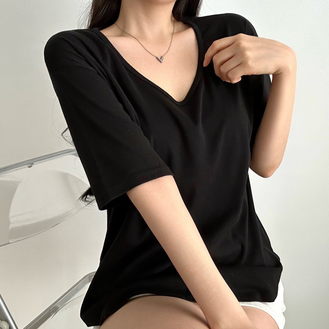 더한땀 여성 빅사이즈 여리핏 체형커버 U넥 굴림 반팔 티셔츠