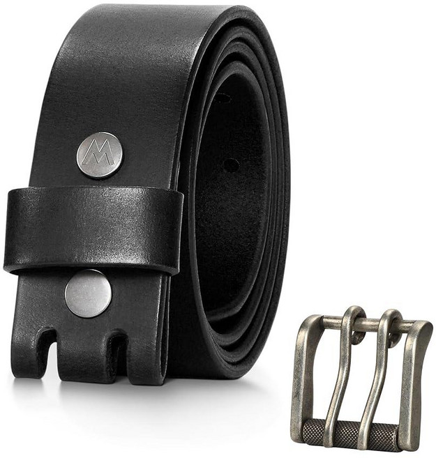 Wrangler 남성용 천연 가죽 벨트 38mm 캐주얼 벨트 탈착식 더블 프롱 롤러 버클 청바지용 남성용 선물 블랙.