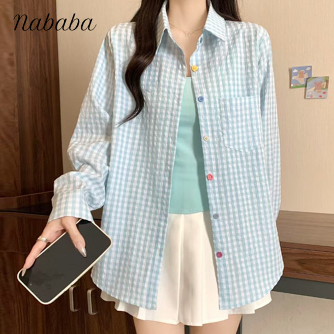 나바바 NB2736 여성 얇은 시원한 시어서커 체크 긴팔 셔츠