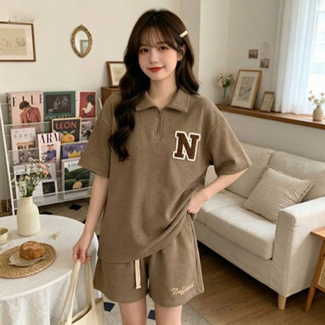 스타일닥터 여성 여름 반집업 카라 반팔 티셔츠 반바지 트레이닝복 세트 캐주얼 스포티 투피스 커플룩