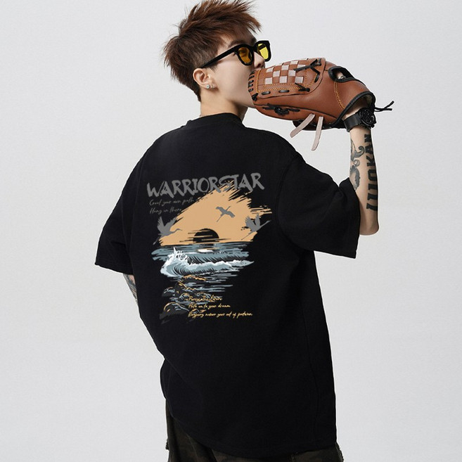 FONOW 남성반팔면티 조류 산수화 여성루즈핏 패션 반팔티셔츠