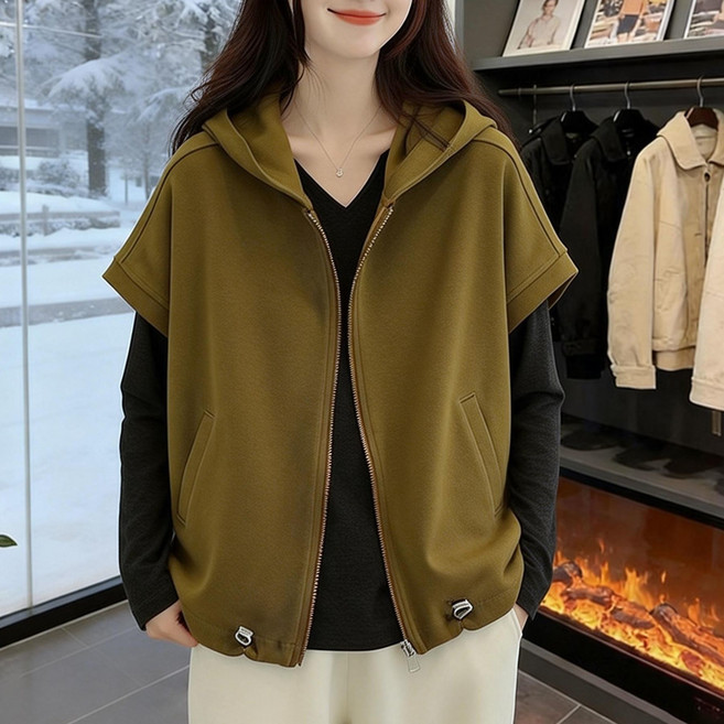 여성 캐주얼 조끼 베스트 빅사이즈 스트랩 반팔 후드집업 자켓 데일리룩