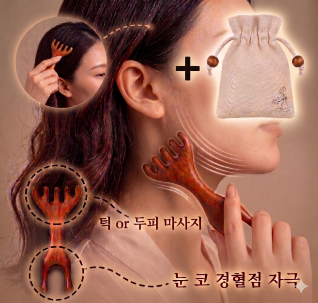 모노리 원목 우드 양면 얼굴 눈 코 두피 괄사 마사지기 멀티, 브라운, 1개