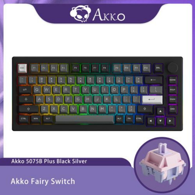 Akko 5075B Plus 기계식 키보드 75 레이아웃 핫 스왑 유형-C 유선2.4g 및 BT 5.0 무선 RGB 게임용 키보드 가스켓 구조, 2)Black Silver