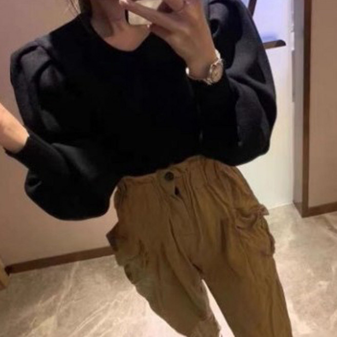 레이디매직 여성용 가을 라운드넥 벌룬소매 니트