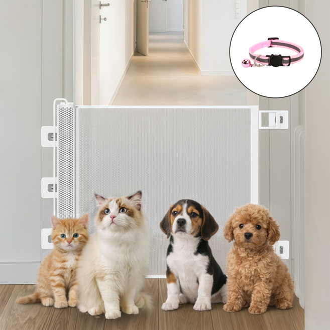 VEXLORA 슬라이딩 반려동물 안전문 무타공 메쉬 펜스 길이조절 베란다 현관 강아지 고양이 출입문 가림막, 화이트, 1개