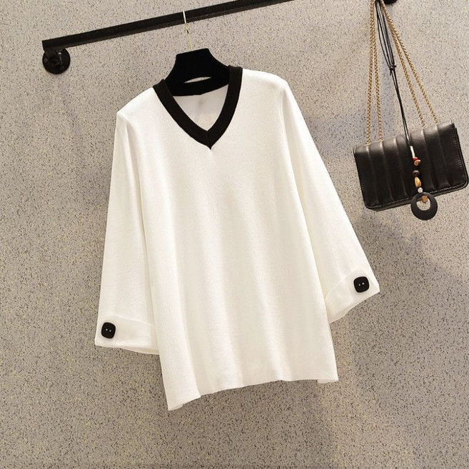 PEROLA 150kg까지 빅사이즈 여성 긴팔 티셔츠 봄 가을 오버핏 브이넥 배색라인 8부소매 티셔츠