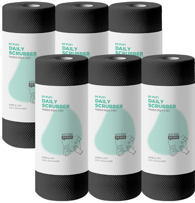 닥터퓨리 엠보싱 일회용수세미 롤형, 그레이 대형, 6개