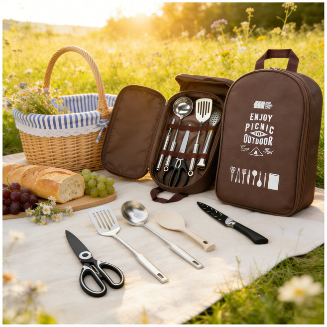 캠핑 키친툴 세트 12종 전완벽한 캠핑용 야외 요리 도구 캠핑 필수 아이템, 1개, 카키