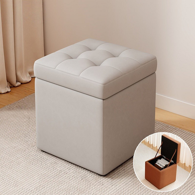 WHH 수납 가죽 스툴 현관 의자, 1개, 라이트 그레이