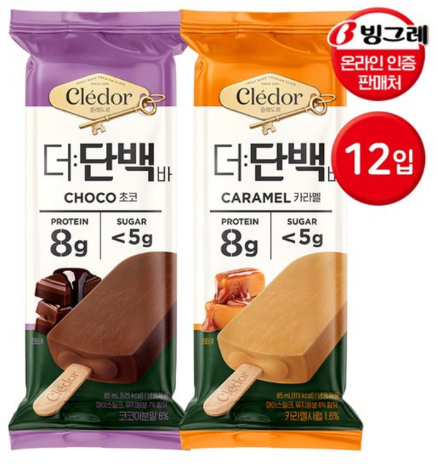 빙그레 끌레도르 더단백 바 초코 6개 + 카라멜 단백질 아이스크림, 12개, 기본상품, 85ml