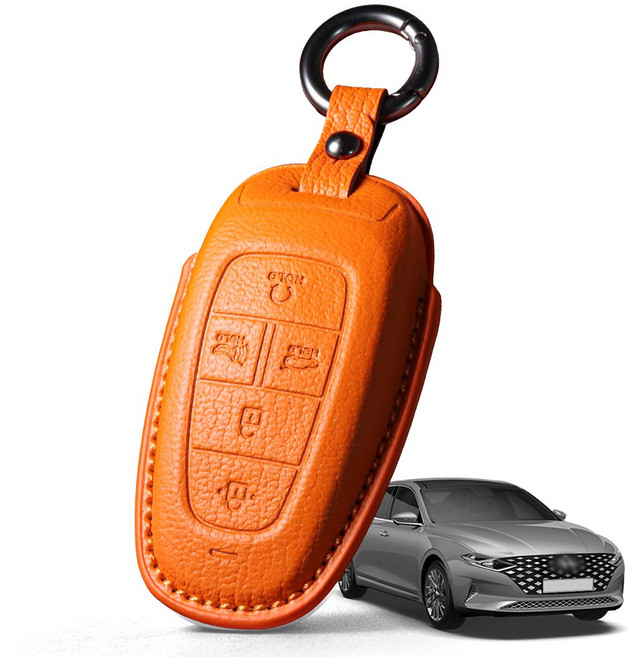 프리미엄 고급 산양가죽 스마트키케이스 / 현대 더 뉴 그랜저 IG (2019.11-2022.11) 호환 / 키홀더 키커버 감성 키보호케이스, 5버튼, 오렌지