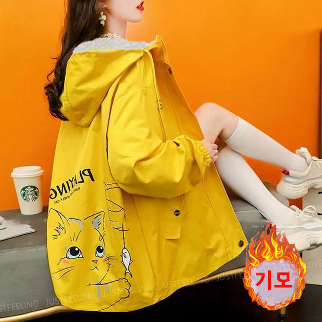 JUSTFEELING 기모 후드집업 코트 여성 도톰한 바람막이 따뜻한 외출복 방한 보온 가을겨울 외출코트 캐릭터 패턴 아우터 보온코트 점퍼