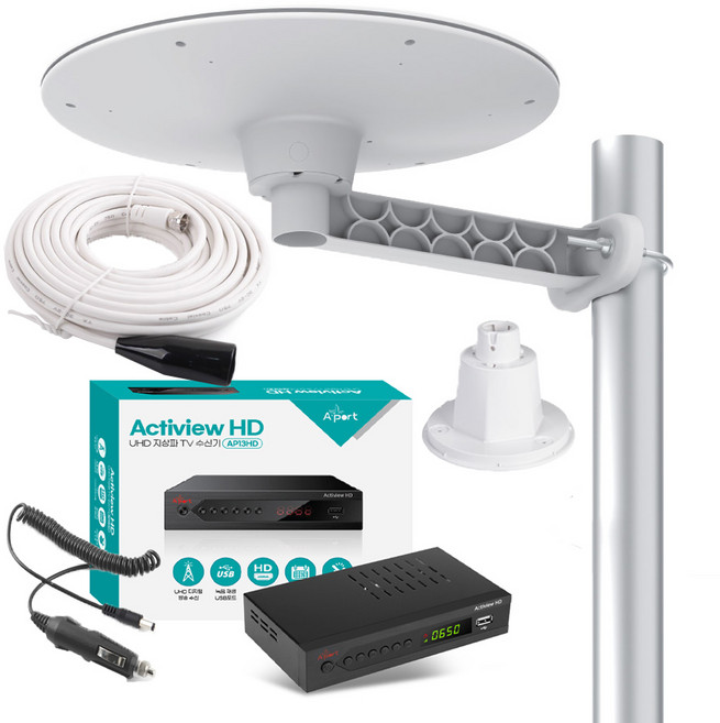 UHD 지상파 TV 안테나 셋톱박스 수신기세트 1.5~10M 케이블 포함 차량용 가정용 캠핑용 농막용, AP13HD01C(원반형 화이트), 1개