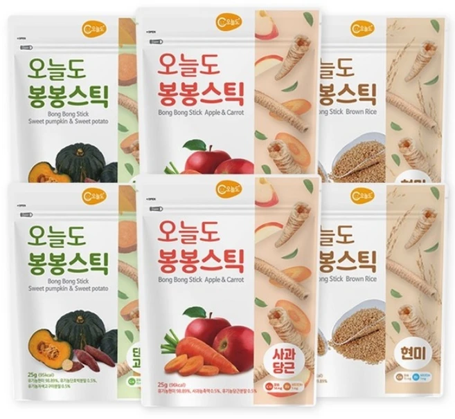 유기농 쌀과자 봉봉스틱 혼합6개 (사과당근2개+단호박고구마2개+현미2개), 25g, 1개 - 쿠팡