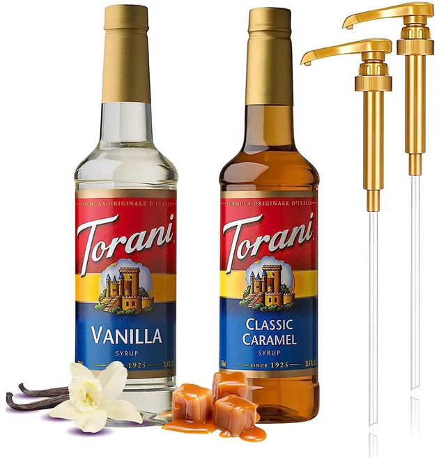 Torani 커피 시럽 세트 바닐라 캐러멜 2개 펌프 디스펜서 포함, 750ml