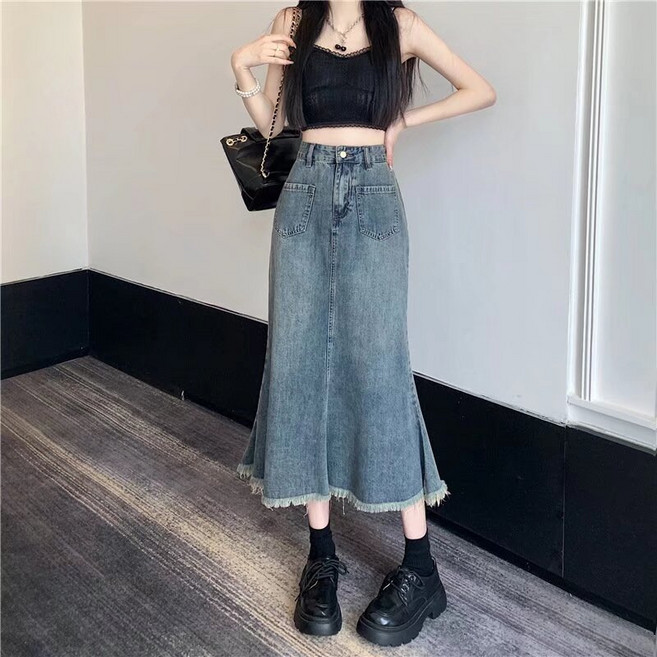 DFMEI 藍色魚尾裙女半身裙高腰百搭a字遮肉復古毛邊牛仔包臀中長裙子潮