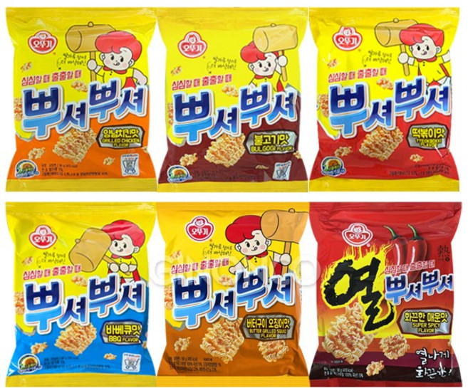 오뚜기 뿌셔뿌셔 각 1개 (떡볶이+양념치킨+불고기+바베큐+버터구이오징어맛+화끈한매운맛), 1세트, 540g