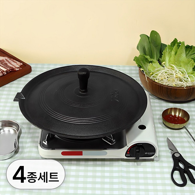 1+3 무쇠 주물 솥뚜껑 고기 불판 가정용 테이블 삼겹살 대형 빅사이즈 철판 그리들 신형 냉삼불판 구이판 업소용 캠핑 캠핑용, R99188B(솥뚜껑불판-37CM, 1세트, 37cm
