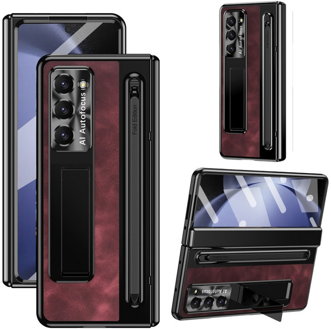 Elvo 갤럭시 Z폴드 7 6 5 가죽 케이스 힌지보호 일체형 액정보호필름 히든 거치대 S펜 포함 풀커버 케이스