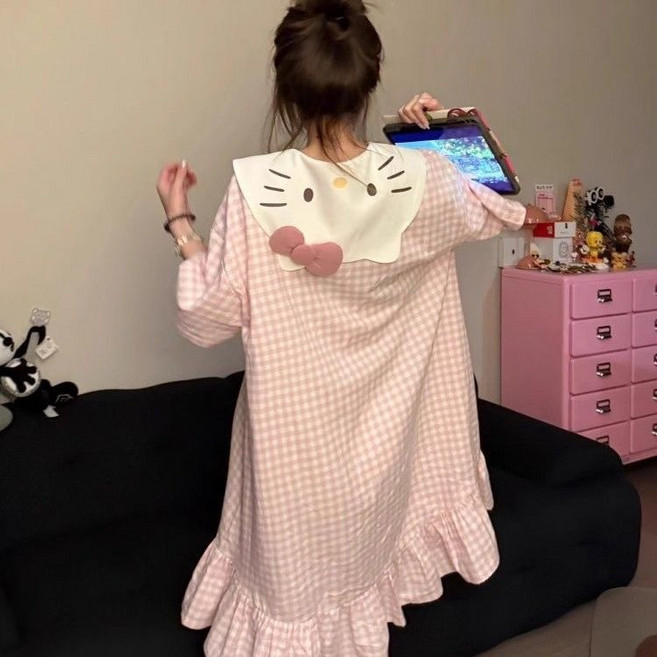 GOYES 산리오 여성 헬로 키타 귀여운 원피스 잠옷 반팔 원피스 홈웨어
