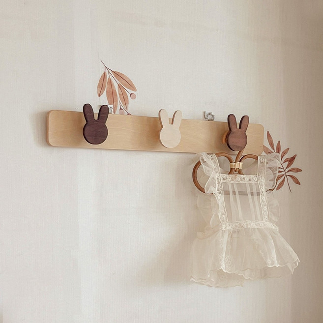아기방 벽행거 아기원목 옷걸이 동물 3구 행거, 자작나무 우드행거-토끼