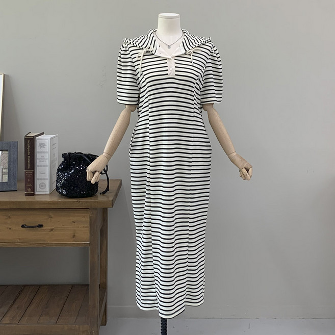 행복여 사라 스트라이프 배색 후드 골지 반팔 롱 원피스