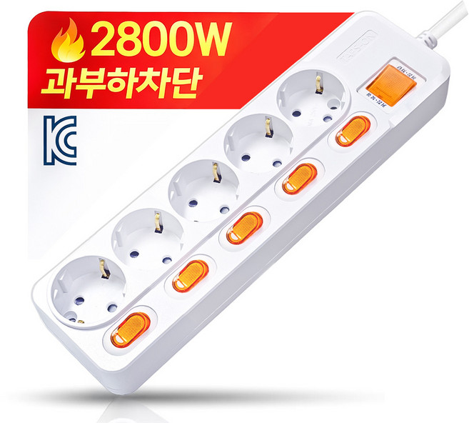 개별스위치 멀티탭 KC인증 접지 과부하차단 2800W 절전 콘센트 5구 멀티탭, 화이트(빨간스위치), 1개, 1.5m