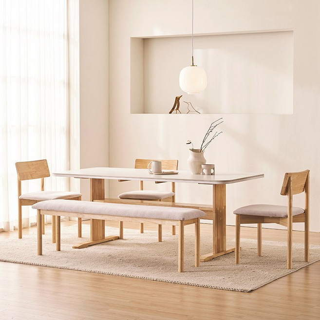 삼익가구 누와 세리믹 리빙다이닝 원목 식탁 풀세트, 05. 1800 세트 (벤치1+의자3), 내추럴