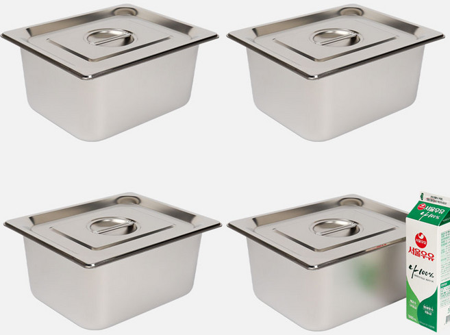 강화 스텐 사각 밧드+뚜껑 세트 주방용 냉장고 반찬 바트 용기, 4세트, 6인치 몸체+뚜껑