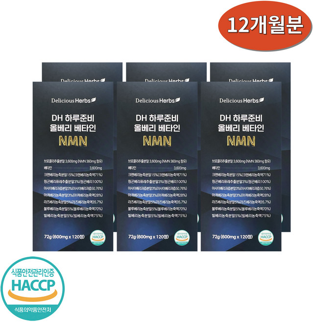 DH 하루준비 올베리 베타인 NMN 대용량 600mgX120정x6 12개월분 브로콜리 크랜베리 링곤베리 아사이베리 마퀴베리 라즈베리 블루베리 빌베리, 6개