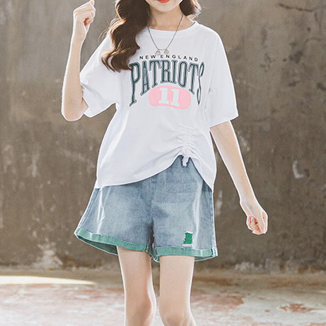 주니어 여아 반팔 레터링 티셔츠 셔링 데님 밴딩 반바지 상하복 세트