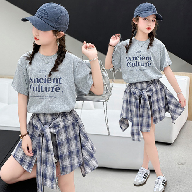 비비키드 초등생 상의 초중생 하의 주니어 Ancient Culture 반팔티 리본 체크 치마바지 세트 여아 여름 초등생 상의+하의 세트 (2567)