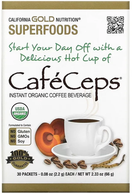 캘리포니아 골드 CafeCeps 유기농 인스턴트 커피 동충하초 및 영지버섯 함유 30개 각 2.2g(0.077oz), 66g, 1개 - 쿠팡