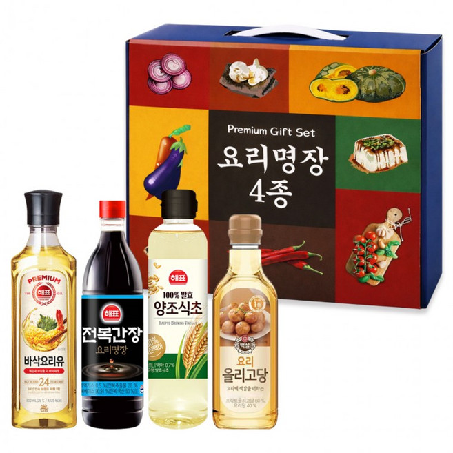 요리명장 프리미엄 오일 선물세트 4종(요리유 500ml + 양조식초 500ml + 전복간장 500ml + 요리 올리고당 500g), 1개