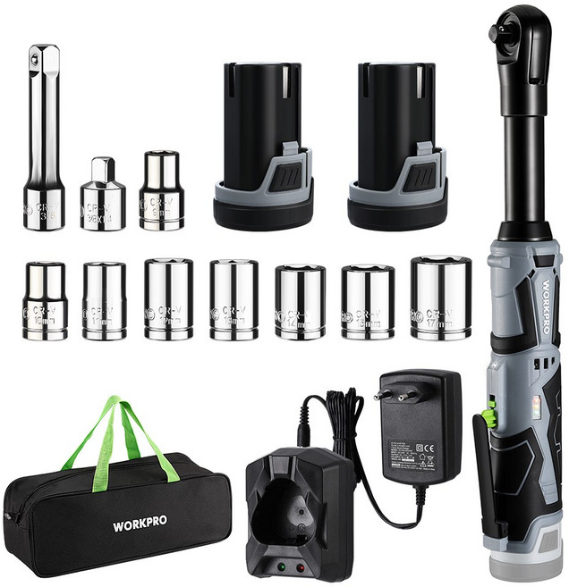 WORKPRO 12V 충전식 3/8 인치 확장 래칫 전동 스패너 세트 전기 2개 배터리 충전기 10개 볼트 소켓 포함 전동 자동차 정비 공구 전동 라쳇 렌치 앵글 드릴 드라이버, 1개