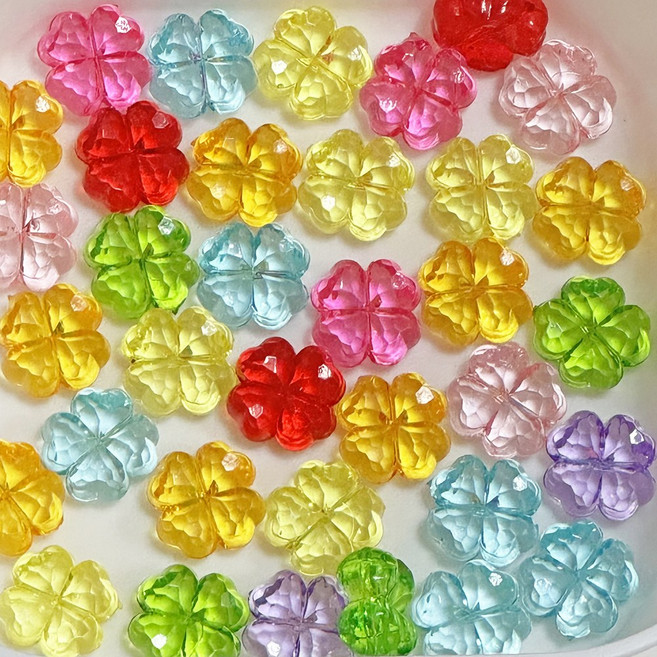 플라워 네잎 클로버 비즈 15개입 아크릴 투명 불투명 컬러 팔찌 키링 공예 만들기 재료, 1개, 투명 랜덤(15개입)